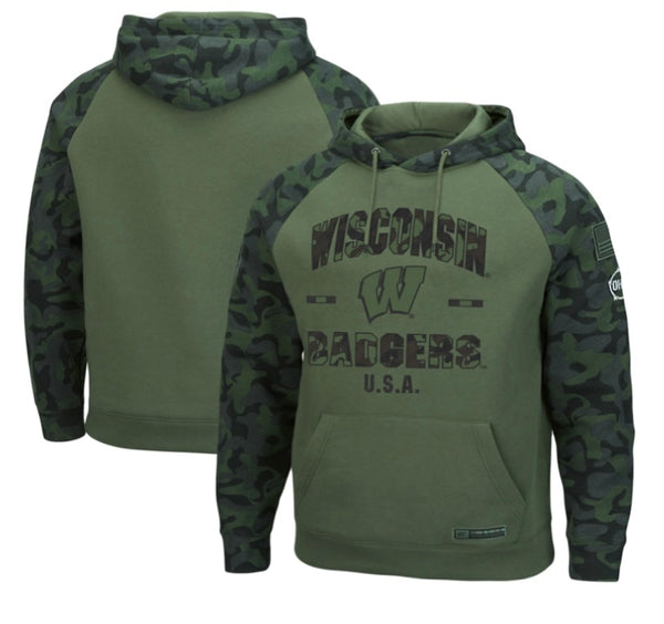 Colosseum Wisconsin Badgers Military Camo OHT Pullover Fleece NCAA Hoodie